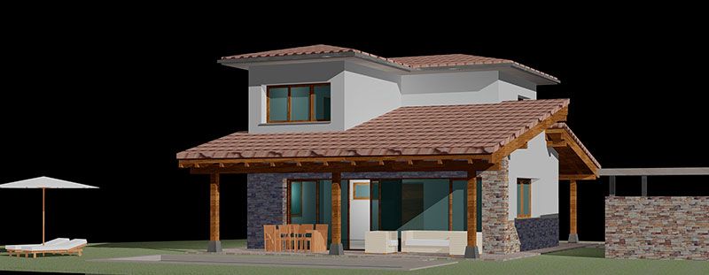 Plano en 3D de alzado de vivienda unifamiliar
